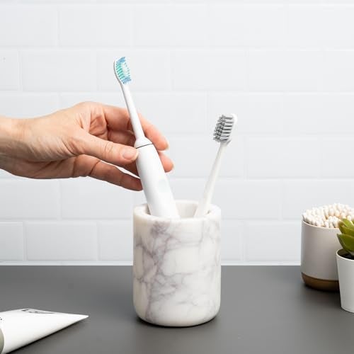 Cork & Mill Cork Mill Marble Toothbrush Holder Cup for Bathroom Real White Marble Stone Bathroom Accessory Aesthetic Decorative Countertop Organizer for Tooth Brush Toothpaste - Image 3