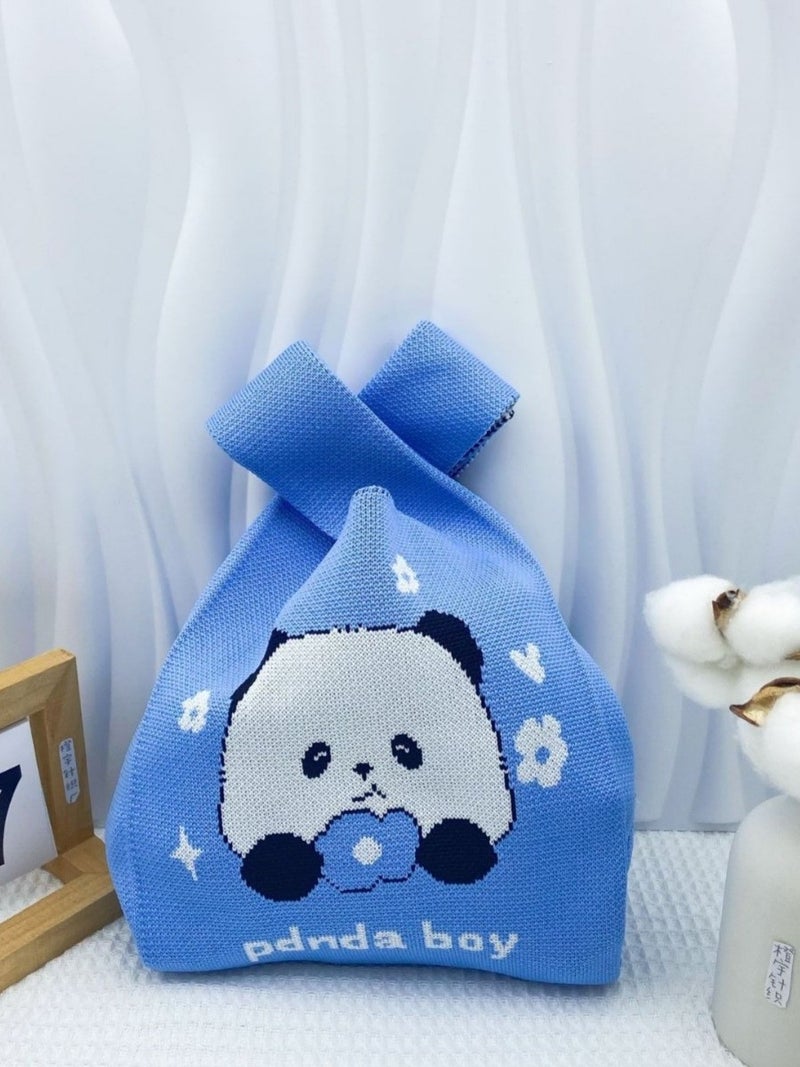 Internet Red Panda And Flower Wrist Bag Tote Bag Women'S Knitted Bucket Bag Casual All-Match Japanese And Korean Hand Bag Lunch Box Bag - Image 5