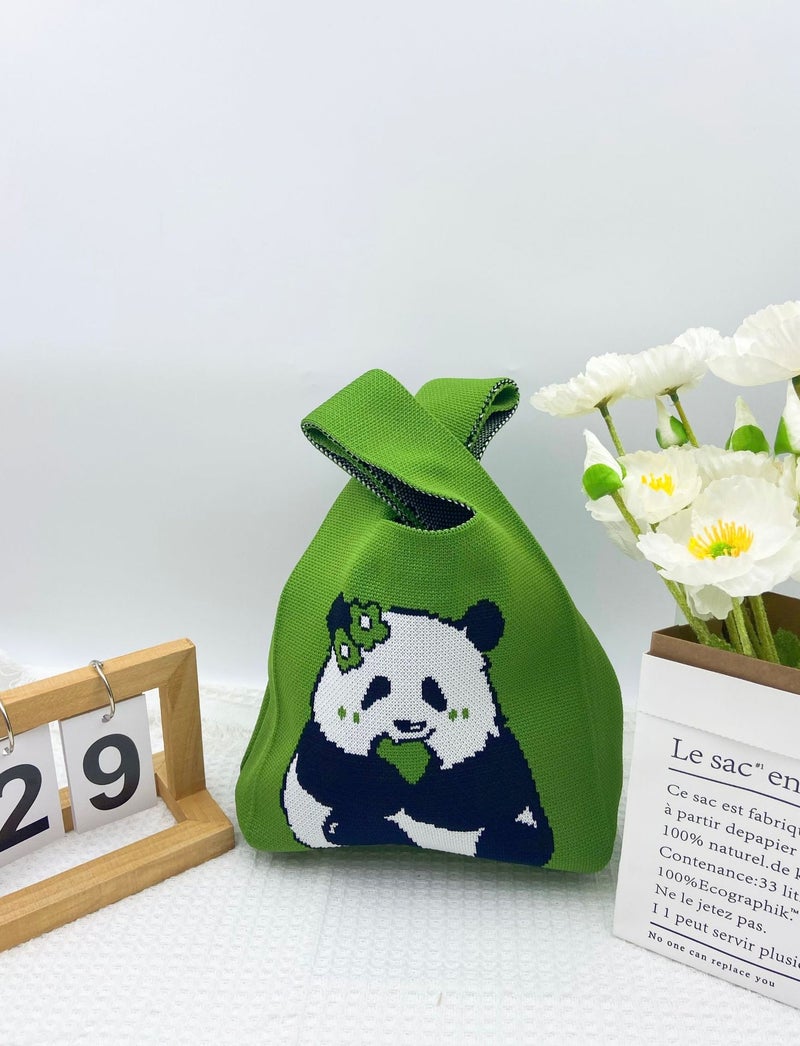 Internet Red Panda And Flower Wrist Bag Tote Bag Women'S Knitted Bucket Bag Casual All-Match Japanese And Korean Hand Bag Lunch Box Bag - Image 1