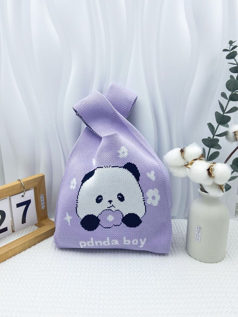 Internet Red Panda And Flower Wrist Bag Tote Bag Women'S Knitted Bucket Bag Casual All-Match Japanese And Korean Hand Bag Lunch Box Bag - Image 4