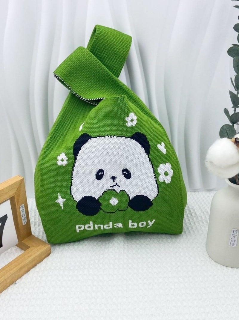 Internet Red Panda And Flower Wrist Bag Tote Bag Women'S Knitted Bucket Bag Casual All-Match Japanese And Korean Hand Bag Lunch Box Bag - Image 3