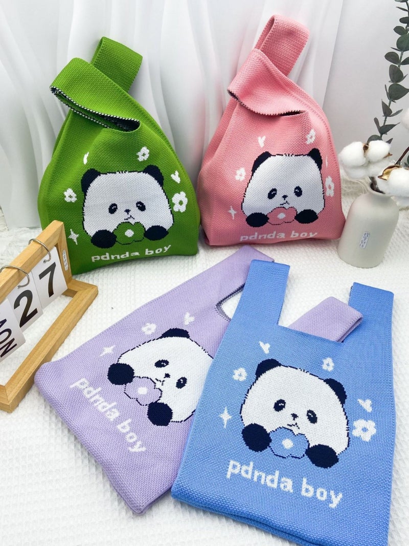 Internet Red Panda And Flower Wrist Bag Tote Bag Women'S Knitted Bucket Bag Casual All-Match Japanese And Korean Hand Bag Lunch Box Bag - Image 2
