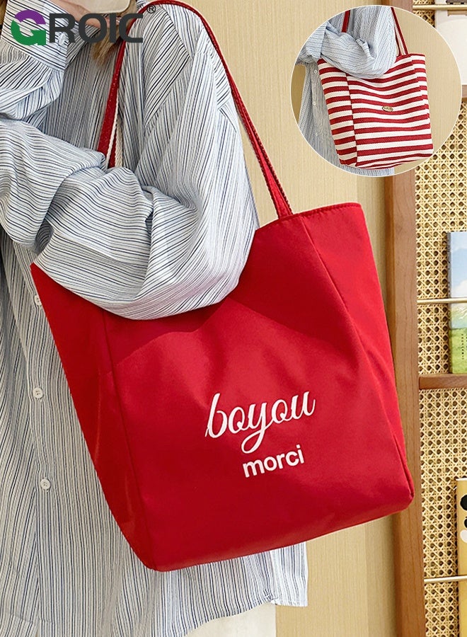 GROIC Canvas Tote Bag,Red Double-Sided Fashion Shoulder Bag,Reusable Shopping Bag, Striped Canvas Bag for women,Large Capacity Casual Commuter Shoulder Bag - Image 1