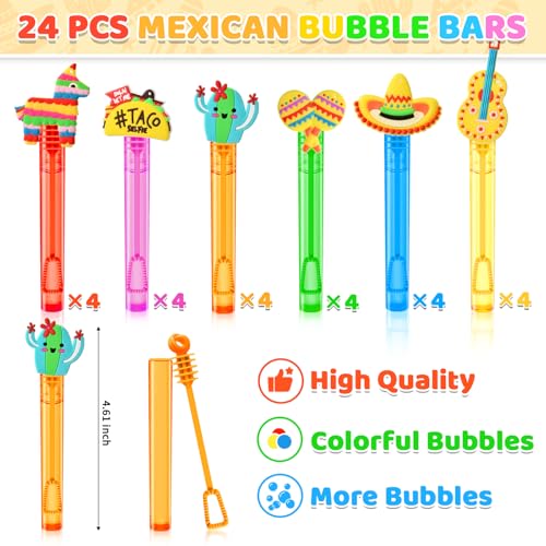 Winrayk Cinco de Mayo Party Favors 24Pcs Fiesta Mexican Mini Bubble Wands for Kids Bubbles Bulk with Detachable Topper 6 Styles Colors Taco Maraca Llama Cactus Guitar Sombrero Goody Bag Stuffer - Image 5