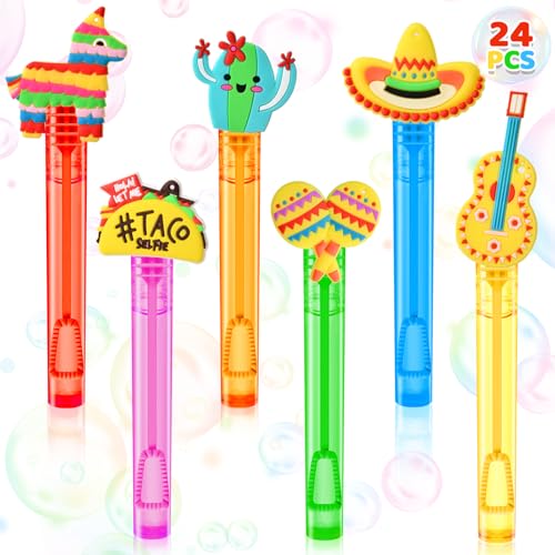 Winrayk Cinco de Mayo Party Favors 24Pcs Fiesta Mexican Mini Bubble Wands for Kids Bubbles Bulk with Detachable Topper 6 Styles Colors Taco Maraca Llama Cactus Guitar Sombrero Goody Bag Stuffer - Image 1