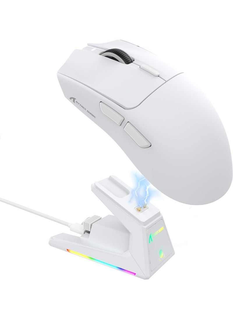 هجوم القرش ماوس ألعاب هجوم القرش X1 مع قاعدة شحن بإضاءة RGB ولوحة لمس مستشعر ألعاب بيكسارت PAW3395PRO ماوس لاسلكي/2.4G، 40000 DPI خفيف للغاية 53 جم لويندوز 11/اكس بوكس/بي اس/ماك مع شريط لاصق أبيض - Image 1