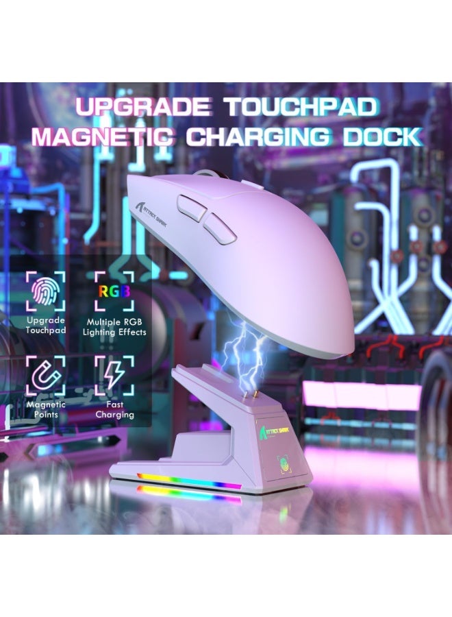 هجوم القرش ماوس ألعاب هجوم القرش X1 مع قاعدة شحن بإضاءة RGB ولوحة لمس مستشعر ألعاب بيكسارت PAW3395PRO ماوس لاسلكي/2.4G، 40000 DPI خفيف للغاية 53 جم لويندوز 11/اكس بوكس/بي اس/ماك مع شريط لاصق أبيض - Image 5