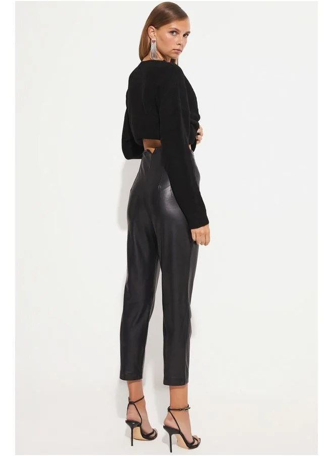 جون June Pleated Pu Leather Trouser Black
