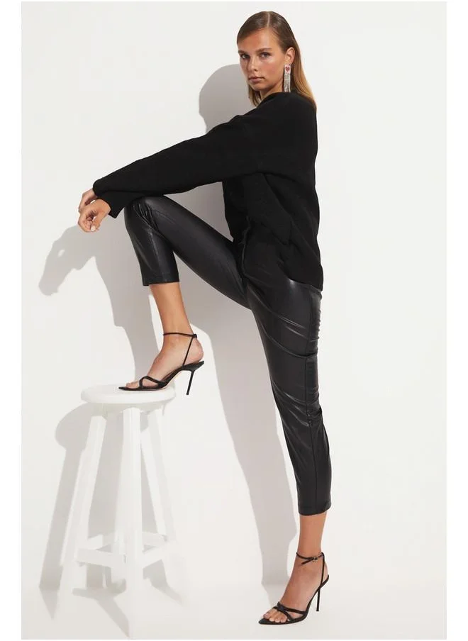 جون June Pleated Pu Leather Trouser Black
