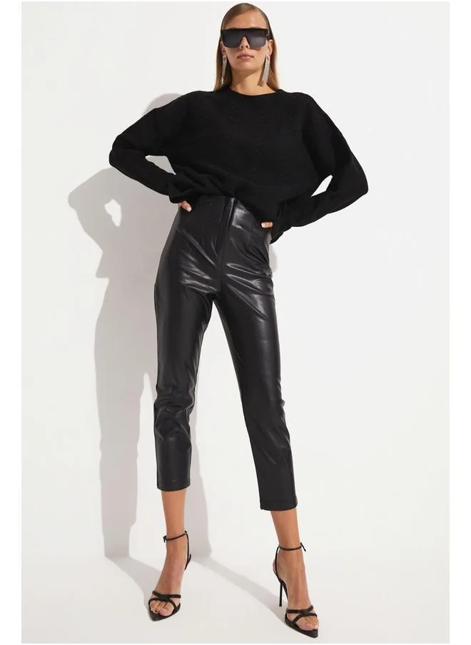 جون June Pleated Pu Leather Trouser Black