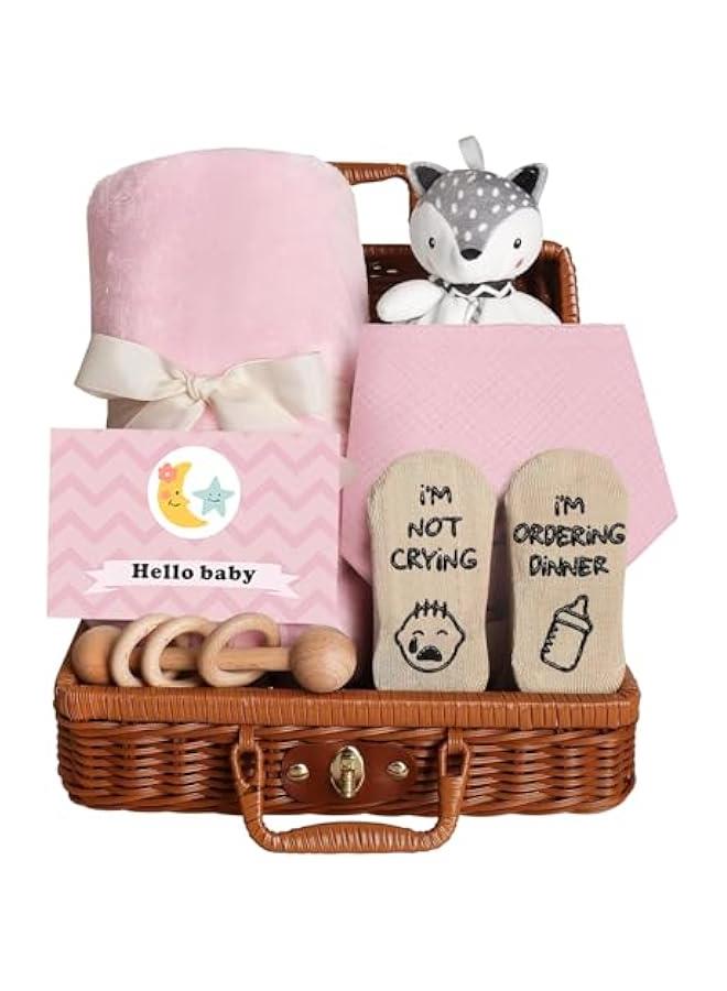 HOOKOR Baby Shower Gifts, Baby Gifts Bamboo Basket Includes Newborn Blanket,Baby Security Blanket,Wooden Rattle Toy, Funny Baby Bibs Socks & Greeting Card,Unique Baby Gift Essential - Image 1