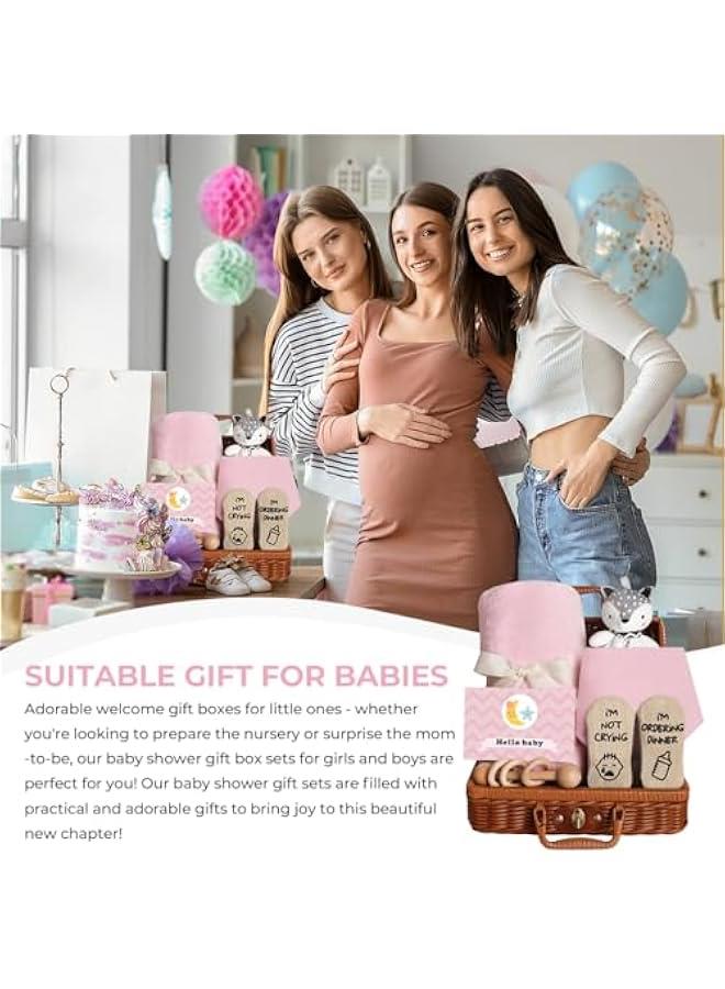 HOOKOR Baby Shower Gifts, Baby Gifts Bamboo Basket Includes Newborn Blanket,Baby Security Blanket,Wooden Rattle Toy, Funny Baby Bibs Socks & Greeting Card,Unique Baby Gift Essential - Image 5