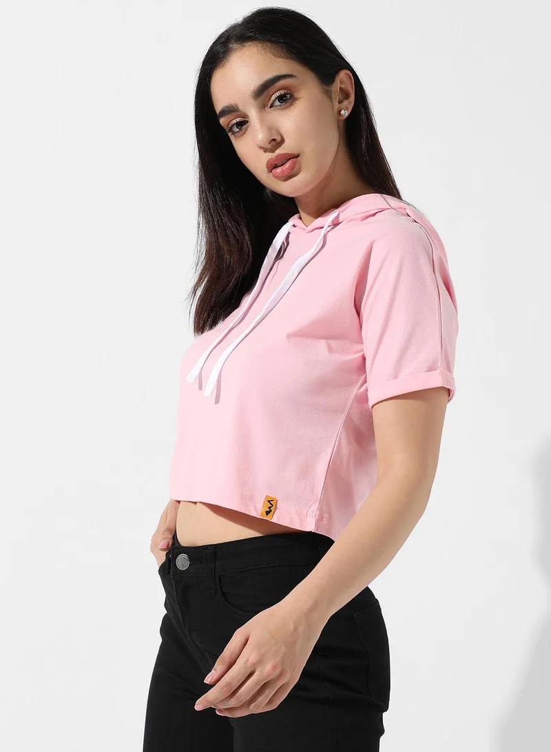 Campus Sutra Women's Solid Light Pink Hooded Top