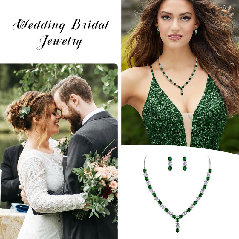 EleQueen Women's Silver-tone Cubic Zirconia Oval Shape Leaf Necklace Earrings Set For Brides And Weddings Emerald Color - Image 4