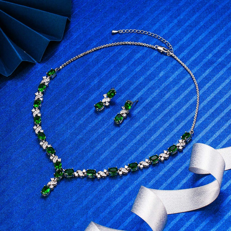 EleQueen Women's Silver-tone Cubic Zirconia Oval Shape Leaf Necklace Earrings Set For Brides And Weddings Emerald Color - Image 5