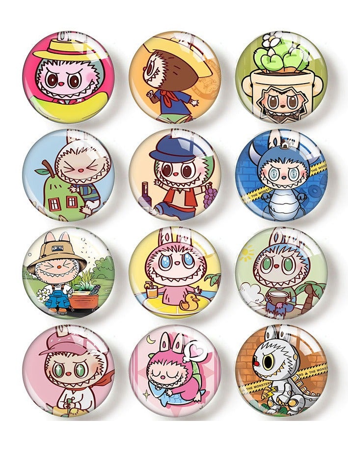 12 قطعة لطيف LABUBU الثلاجة المغناطيس DIY جولة الوقت الأحجار الكريمة بقع الزجاج