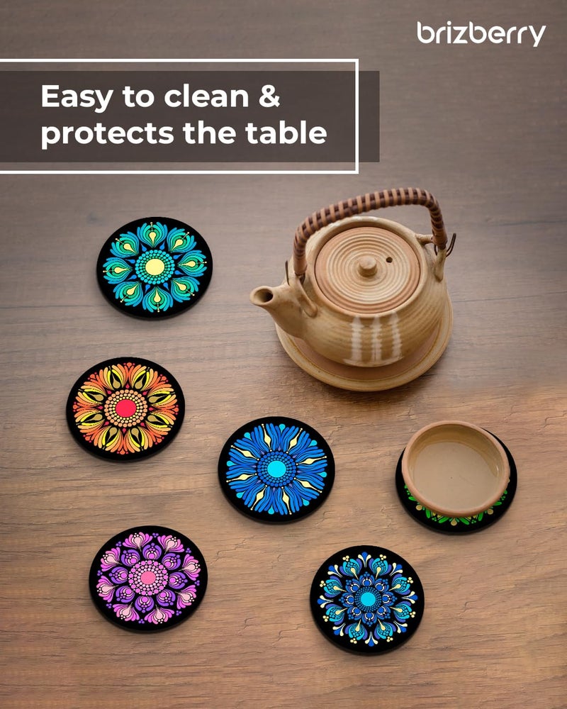 Brizberry® Premium Round Mandala Ethnic Beautiful Wooden Coasters, Diwali Gift, Fit for Tea Cups, Coffee Mugs and Glasses 4 8 12 (3.5X3.5 Inch) (Design 18 (Set of 6)) - Image 4