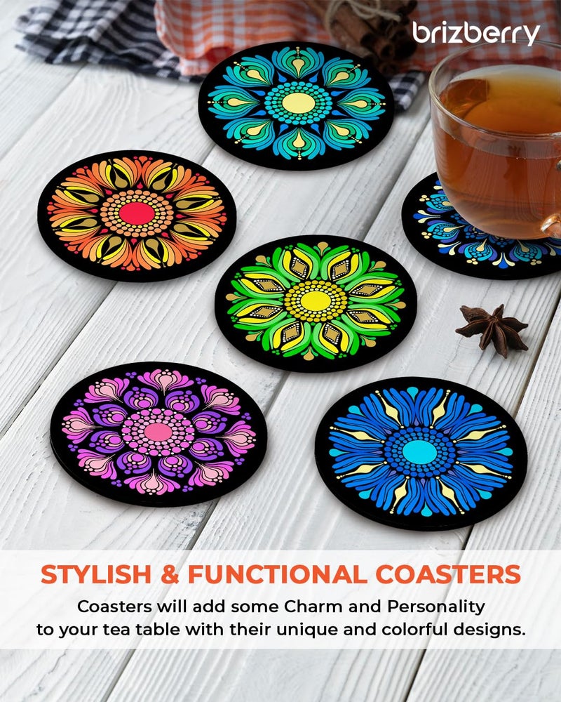 Brizberry® Premium Round Mandala Ethnic Beautiful Wooden Coasters, Diwali Gift, Fit for Tea Cups, Coffee Mugs and Glasses 4 8 12 (3.5X3.5 Inch) (Design 18 (Set of 6)) - Image 5