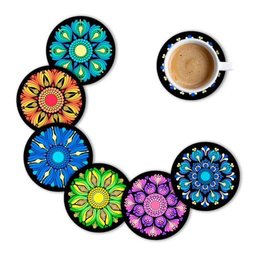 Brizberry® Premium Round Mandala Ethnic Beautiful Wooden Coasters, Diwali Gift, Fit for Tea Cups, Coffee Mugs and Glasses 4 8 12 (3.5X3.5 Inch) (Design 18 (Set of 6)) - Image 1
