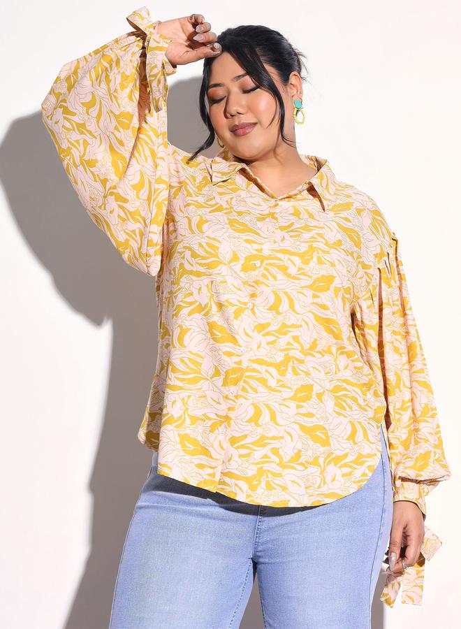 SASSAFRAS Plus Size Yellow Floral Print Collared Shirt - Image 3