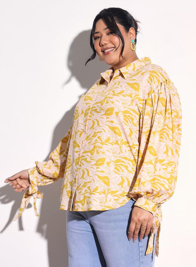 SASSAFRAS Plus Size Yellow Floral Print Collared Shirt - Image 1