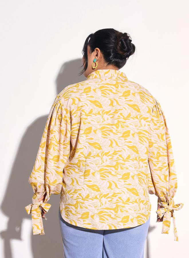 SASSAFRAS Plus Size Yellow Floral Print Collared Shirt - Image 5