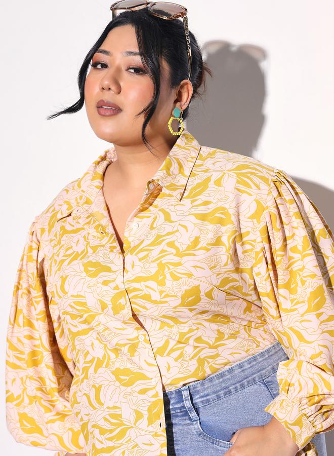 SASSAFRAS Plus Size Yellow Floral Print Collared Shirt - Image 4