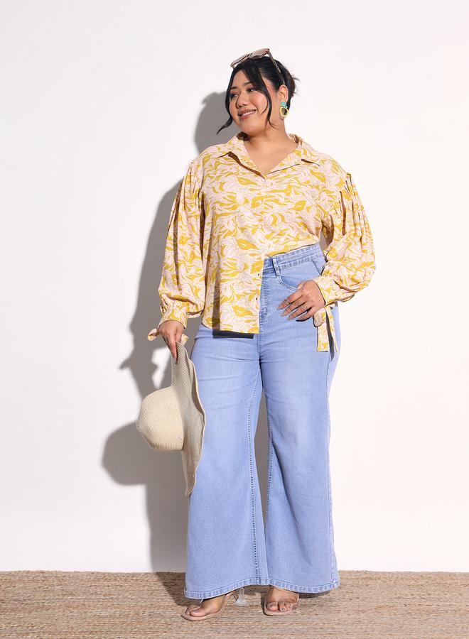 SASSAFRAS Plus Size Yellow Floral Print Collared Shirt - Image 2