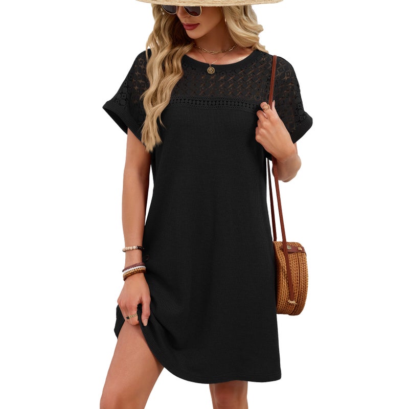 2026 Spring/Summer New Arrival Solid Color Round Neck Lace Patchwork Loose Short Sleeve Dress