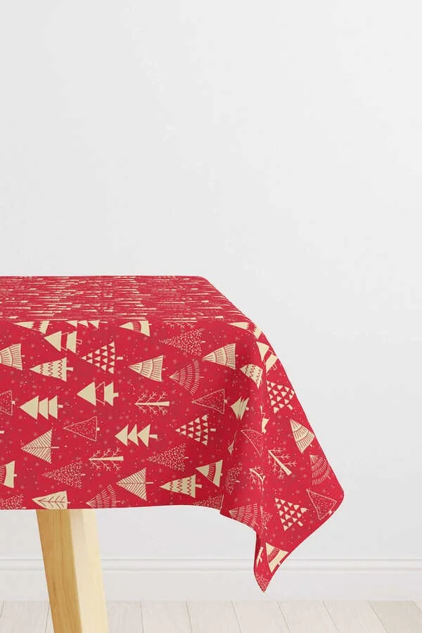 Cango Home New Year's Eve Red Digital Printed Tablecloth with White Pine Tree