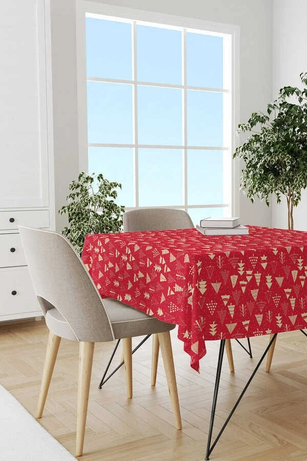 Cango Home New Year's Eve Red Digital Printed Tablecloth with White Pine Tree