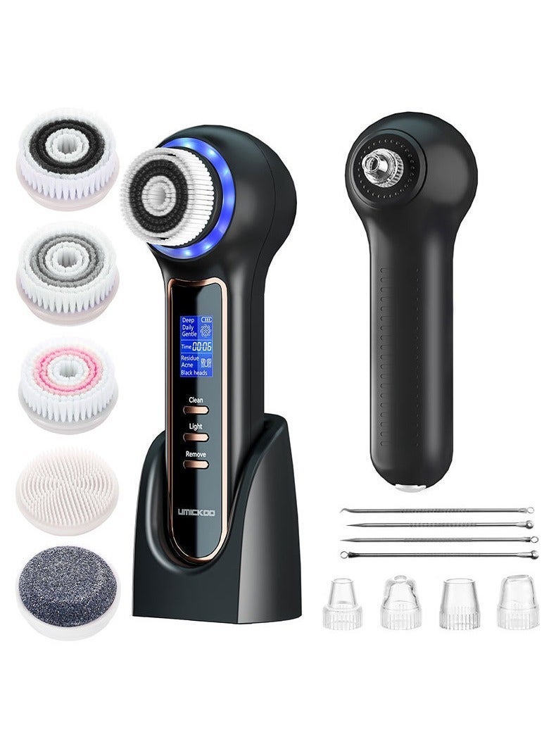 Excefore Face Scrubber Exfoliator with LCD Screen, Rechargeable Facial Cleansing Brush IPX7 Waterproof, 3 in 1 Blackhead Remover Vacuum for Exfoliating, Massaging and Deep Pore Cleansing, Black - Image 1