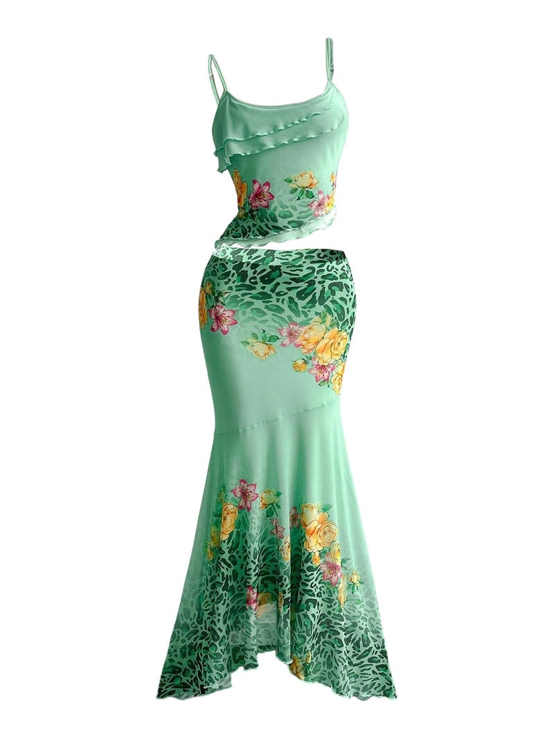 Verdusa Women's 2 Piece Floral Leopard Print Outfit Layered Ruffle Cami Top and Fishtail Maxi Skirt Set Vacation Outfits Green Small - Image 1