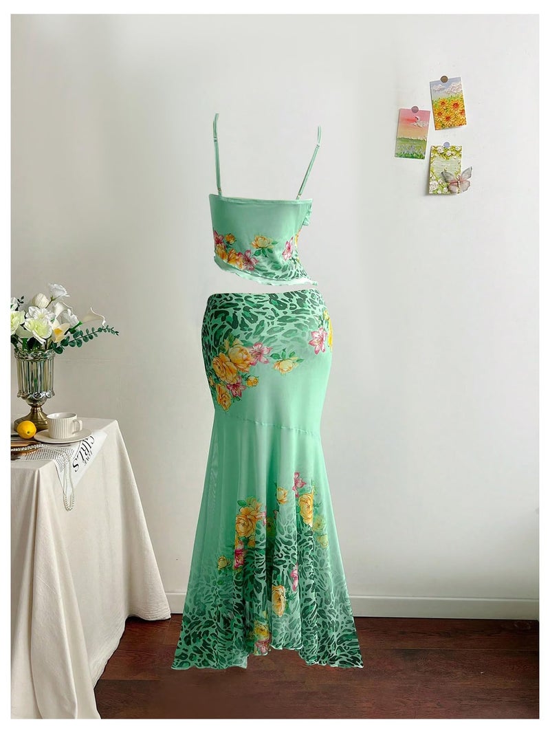 Verdusa Women's 2 Piece Floral Leopard Print Outfit Layered Ruffle Cami Top and Fishtail Maxi Skirt Set Vacation Outfits Green Small - Image 2