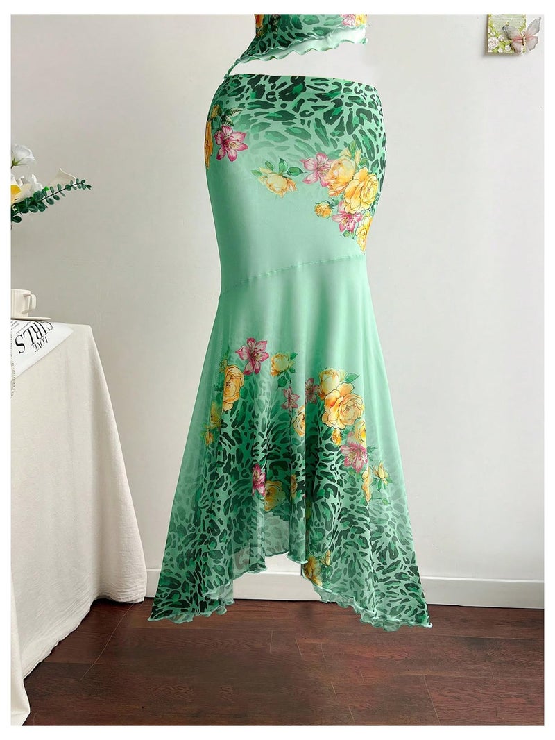 Verdusa Women's 2 Piece Floral Leopard Print Outfit Layered Ruffle Cami Top and Fishtail Maxi Skirt Set Vacation Outfits Green Small - Image 5