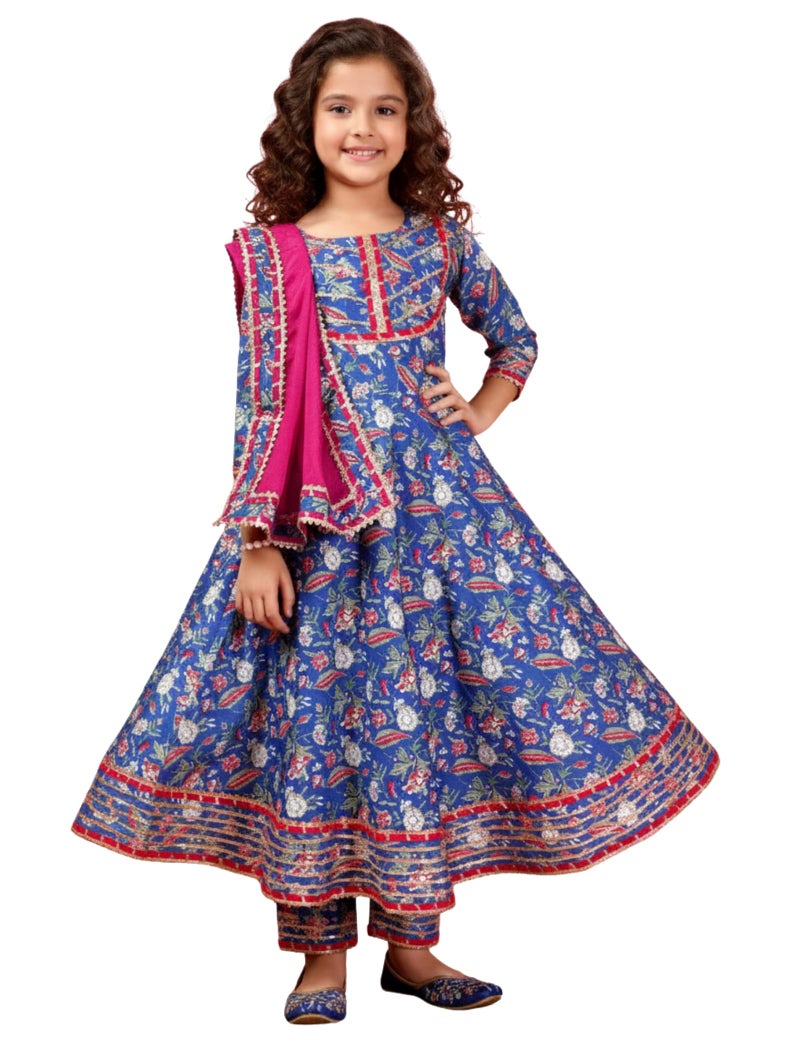 Naixa Girl's Rayon Floral Pattern Anarkali Dress Dhoti Dupatta Set with 3/4 Sleeve Round Neck Knee Length and Pull On Closure Type Fit & Flare| Dress for Girl's - Image 1