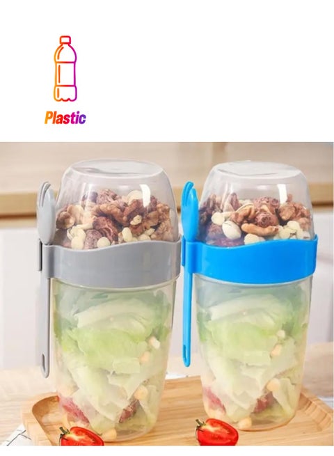 Overnight Oats Jar Set Of 2 With Spoons, 1070Ml / 36Oz Reusable Plastic Breakfast Jars With Partitions, On The Go Yogurt/Dessert Cups For Oatmeal, Cereal, Pudding, Porridge, Fruit Salad