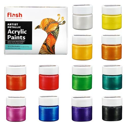Flash Metallic Acrylic Colour Set | 12 Metallic Shades Set | 15 ml, 0.5 fl oz Each| Non Fading | Indoor/Outdoor | Non Toxic | Multi-Surface Paint | Pro Artist,Hobbist and Beginners kit - Image 1