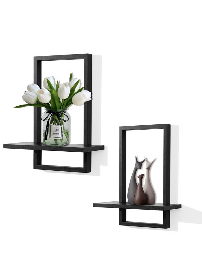 PHOENANCEE - PHOENANCEE Square Floating Shelves Black,Framed Hanging Shelf for Wall Set of 2,Decorative Modern Chic Plants Decor for Living Room Bedroom Bathroom Home Office,Soild Wood,L+S - Image 1