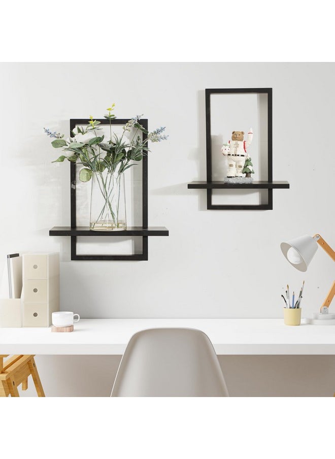 PHOENANCEE - PHOENANCEE Square Floating Shelves Black,Framed Hanging Shelf for Wall Set of 2,Decorative Modern Chic Plants Decor for Living Room Bedroom Bathroom Home Office,Soild Wood,L+S - Image 1
