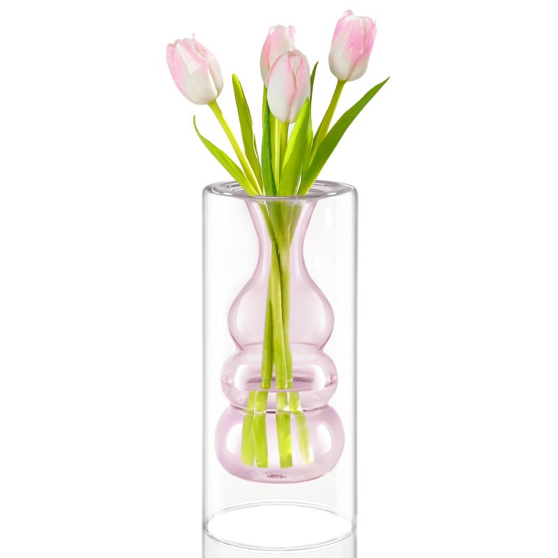 ZENS Modern Pink Glass Vase  Hand Blown Hollowed Out Bubble Decorative Glass Flower Vases for Wedding Decor Home Small Bouquet. - Image 1