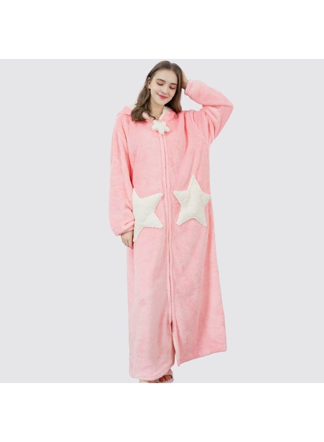 Loquat Womens Winter Long Thick Zipper Hooded Nightgown Flannel Bathrobe Pajamas Pink - Image 1