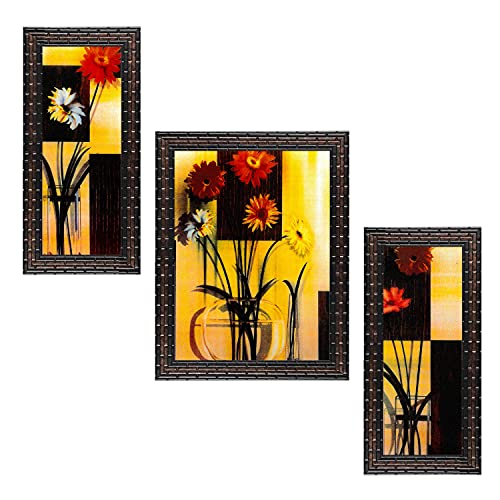 Indianara Synthetic wood FLORAL PAINTINGS (6 X 13, 10.2 X 13, 6 X 13 INCH, Golden Brown) - Image 1