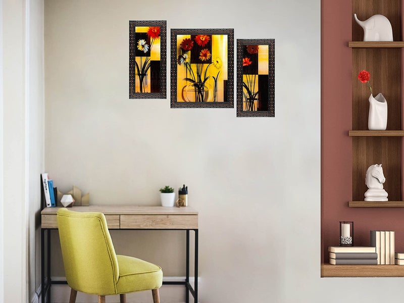 Indianara Synthetic wood FLORAL PAINTINGS (6 X 13, 10.2 X 13, 6 X 13 INCH, Golden Brown) - Image 3