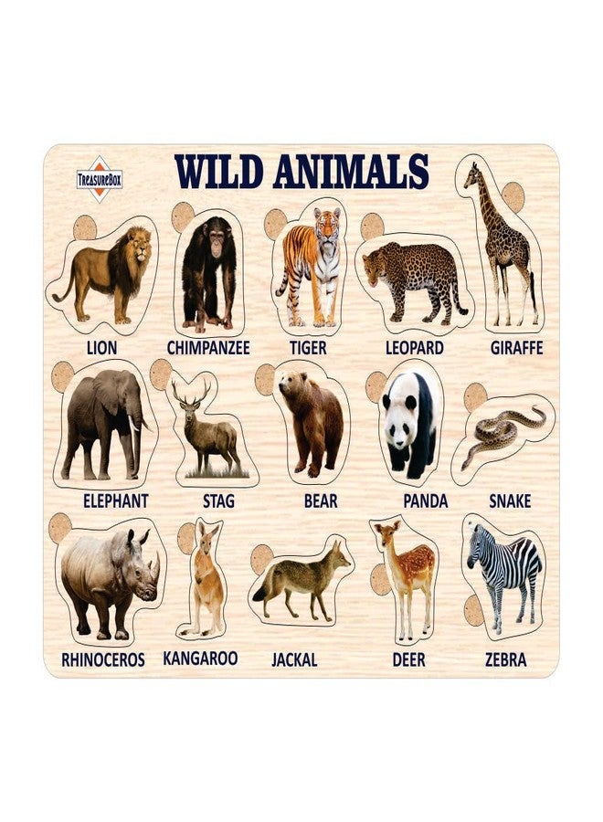 TreasureBox Wooden Puzzle Educational Board Learning Toy Tray for Kids, Size 22x30 cm (Wild Animals) - Image 1