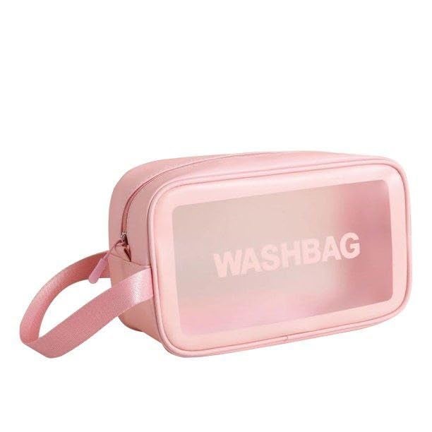 Ameedarshan Clear Travel 16 Cms Toiletries Bag Waterproof Cosmetic Makeup Wash Bags PVC Portable Organiser Case Carry Pouch for Women Business Bathroom,Pink(Medium) - Image 1