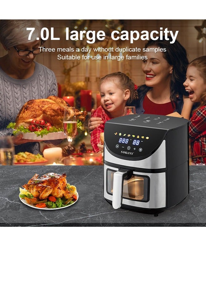 سوكاني مقلاة هوائية، سلة كبيرة سعة 7 لترات مع نافذة عرض للطهي، 8 وظائف طهي، تحكم قابل للتعديل في درجة الحرارة ومؤقت لمدة 60 دقيقة، تقنية الهواء السريع، سلة غير لاصقة وآمنة للغسل في غسالة الأطباق، حماية من الحرارة الزائدة، 1700 واط، فضي/أسود، SK-10031 - Image 4