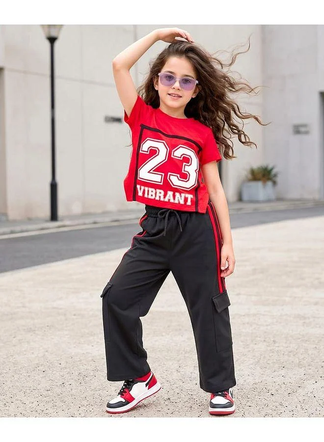 Ollington St. OLLINGTON ST. Cotton Knit Half Sleeves Top & Printed Pant Set - Red & Black