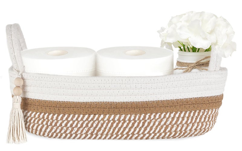 Mkono Small Storage Basket for Toilet Tank Top Boho Bathroom Decor Woven Rope Toilet Paper Tray Organizer for Shelf Bedroom Living Room, White and Brown, 13" L x 6" W - Image 1