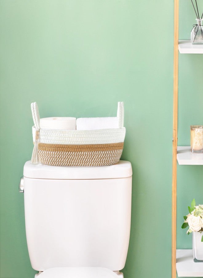 Mkono Small Storage Basket for Toilet Tank Top Boho Bathroom Decor Woven Rope Toilet Paper Tray Organizer for Shelf Bedroom Living Room, White and Brown, 13" L x 6" W - Image 2